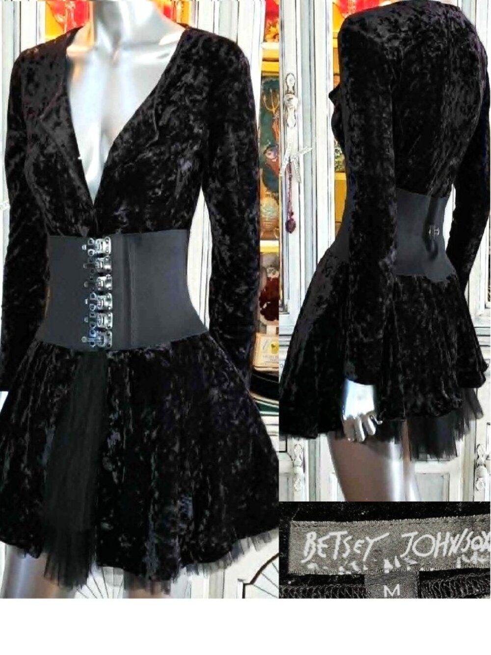 Vintage Betsey Johnson 90s Black Stretch Crushed Velvet Button Down Skater Dress